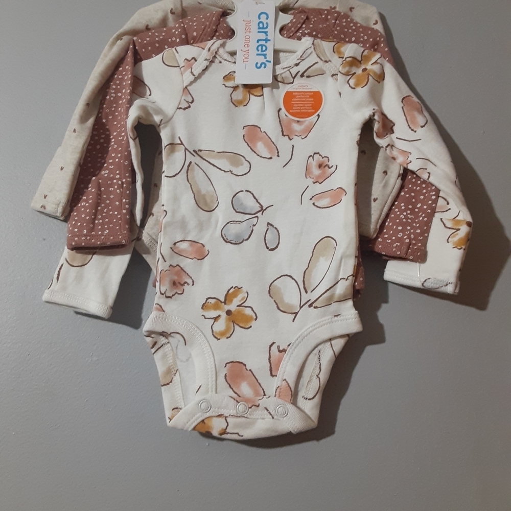 Carter's New 3Pk Floral and Dot Bodysuit Set - Cream and Brown Newborn